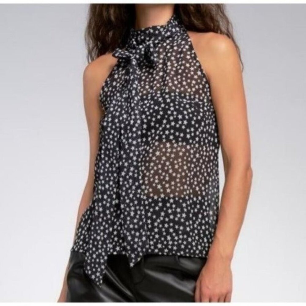 Elan Halter‎ Neck Star Top Sheer Black White Tie Neck S Small NWT